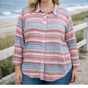 Talbots Pink Blue Stripe Long Sleeve  Button Down 3X